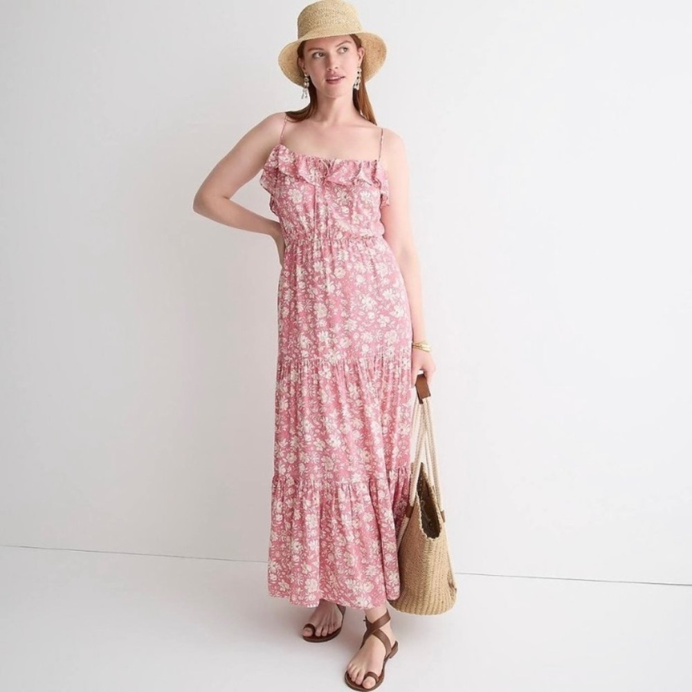 J. Crew Tiered Maxi Dress Dark Flamingo Tossed Floral NWT